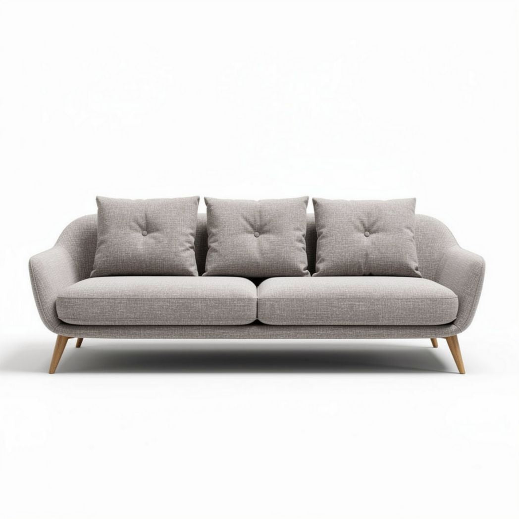 Sofa mit grauem bezug und holzbeinen 200 x 90 x 85cm vier kissen