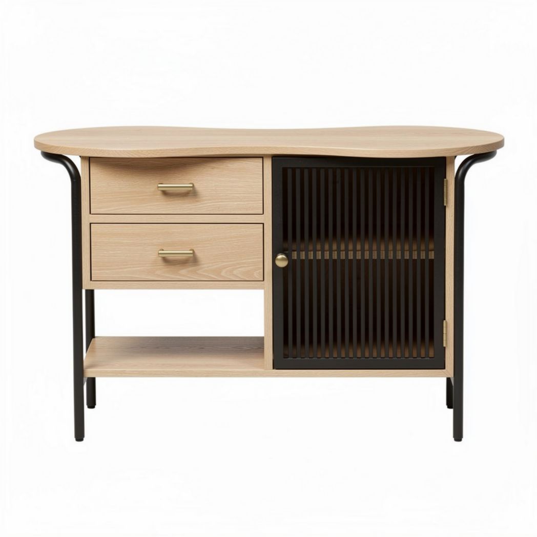 Beistelltisch aus hellem Holz mit schwarzen Akzenten und zwei Schubladen 90 x 40 x 80cm